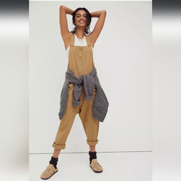 NWOT Free People Not Over You Overalls Dungarees Tropical Nut Jumpsuit M - Picture 1 of 13